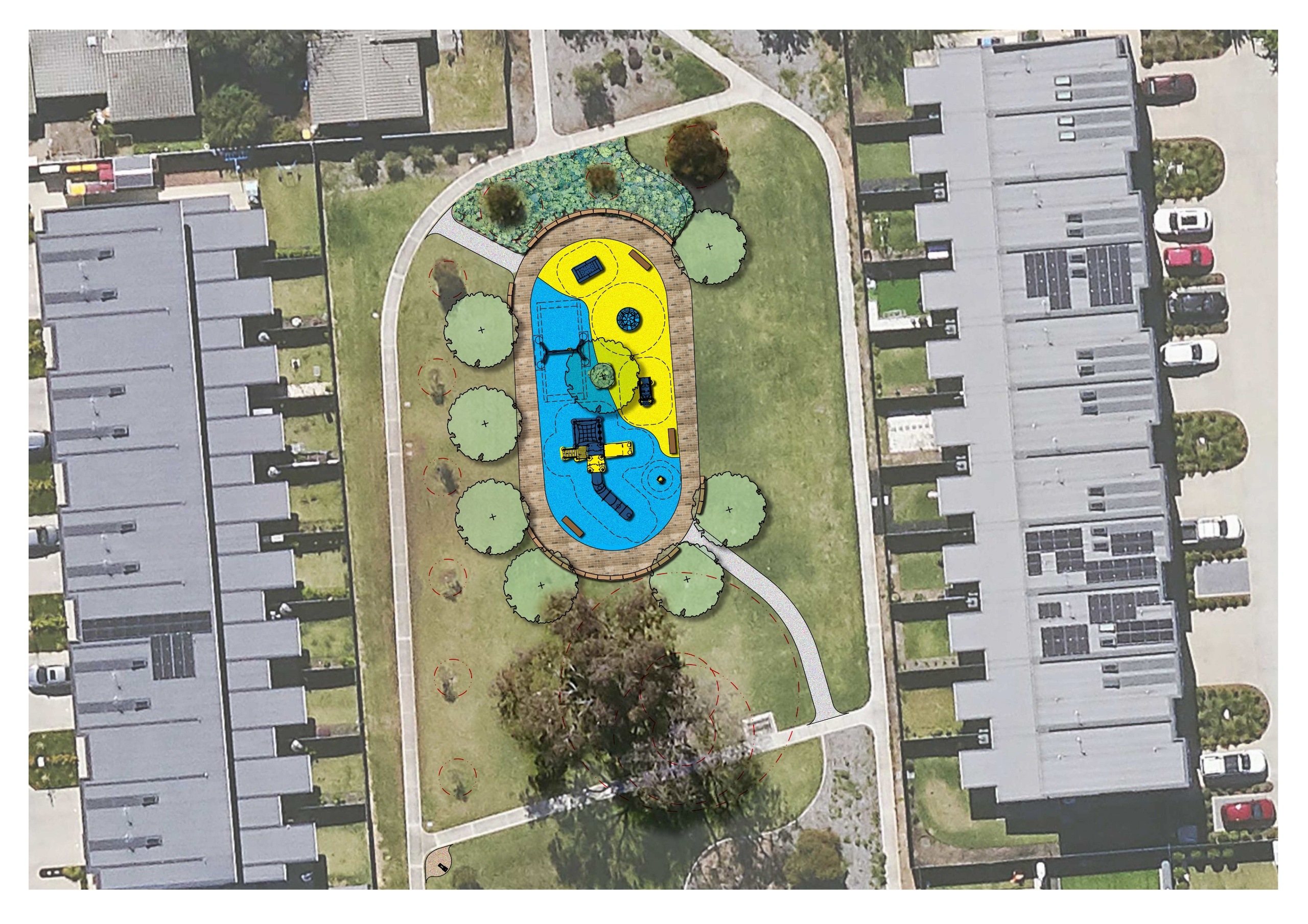 Aerial view of playground showing half coloured blue and half coloured yellow. 