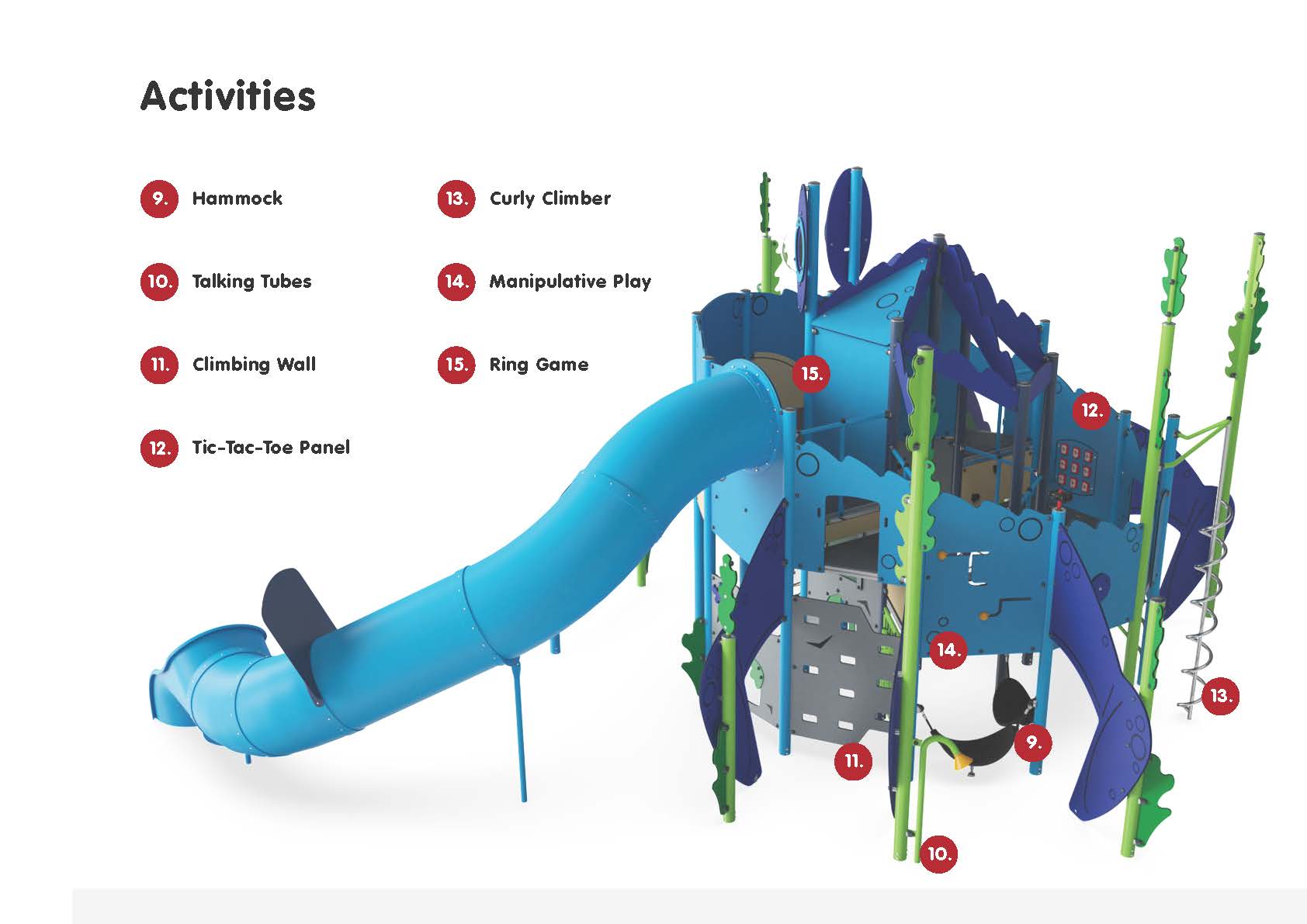 Back side of big Blue Crab playground with Megaphone, Drawing Wall, Binoculars