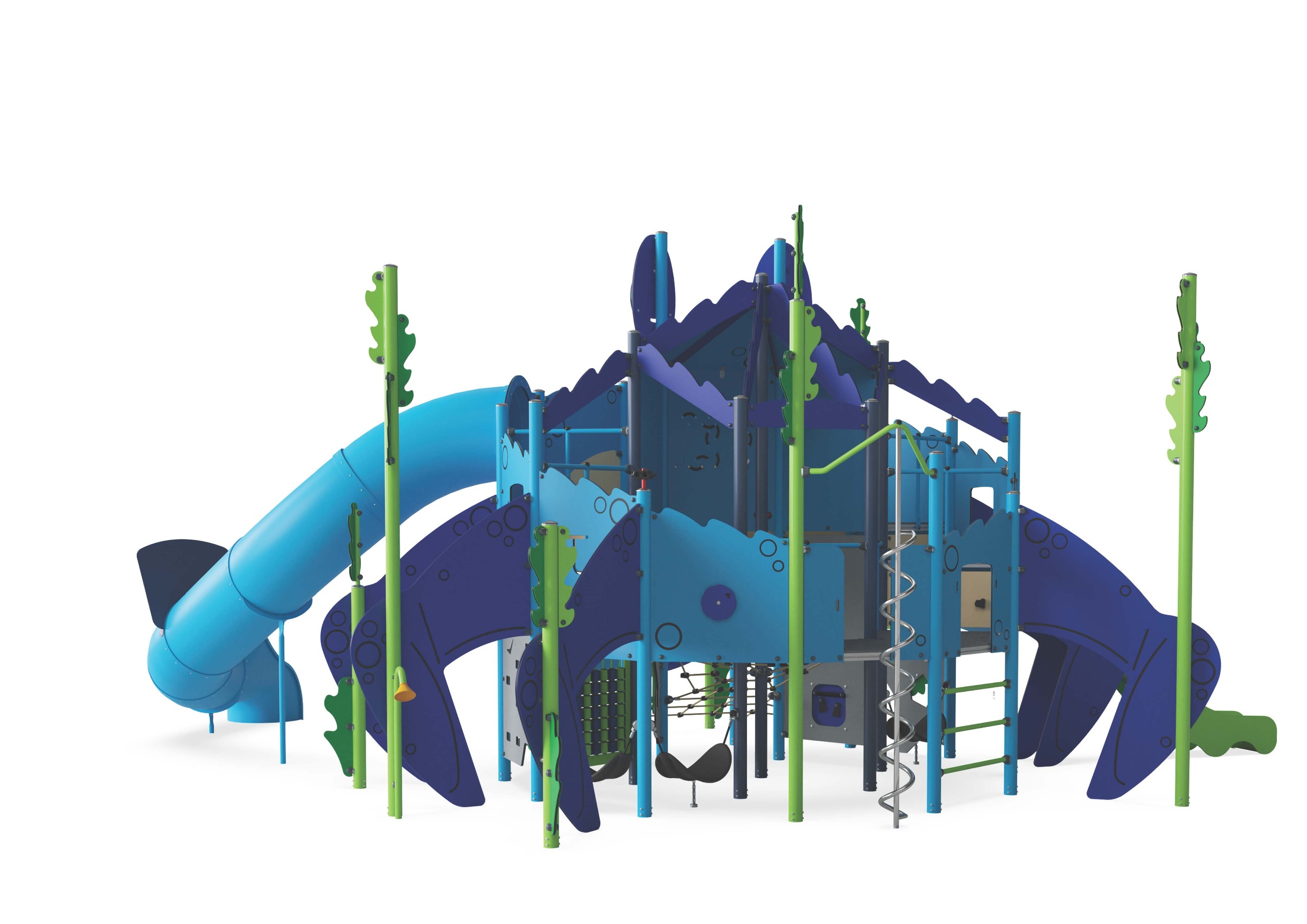 Back side of Big Blue Crab playground with tubed slide, big blue pincers, twirling tube, paralell bars,above ground platform, low rope swings, noughts and crosses.  and low ropes underneath. 