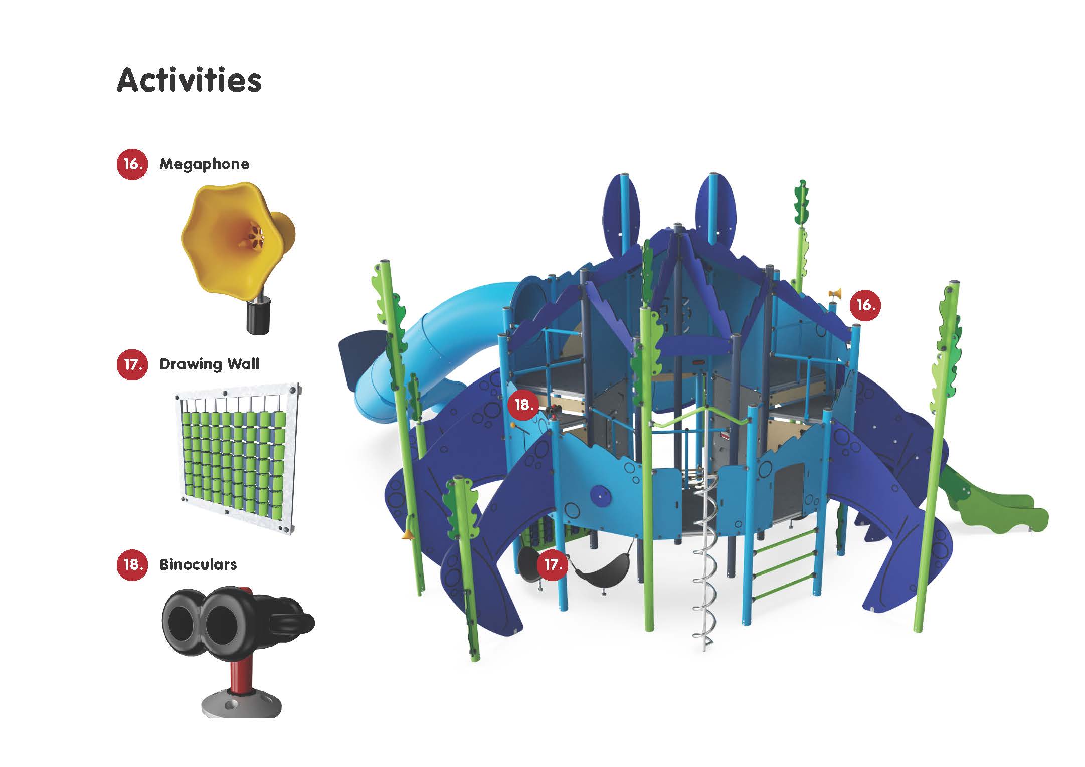 Back side of Big Blue Crab playground with hammock, talking tubes, climging wall, tic tac toe panel, curly climber, manipulative play element and Ring game. 