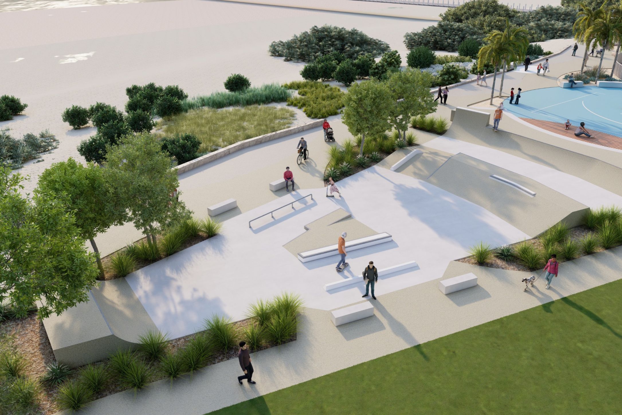 Skate plaza with people skating
