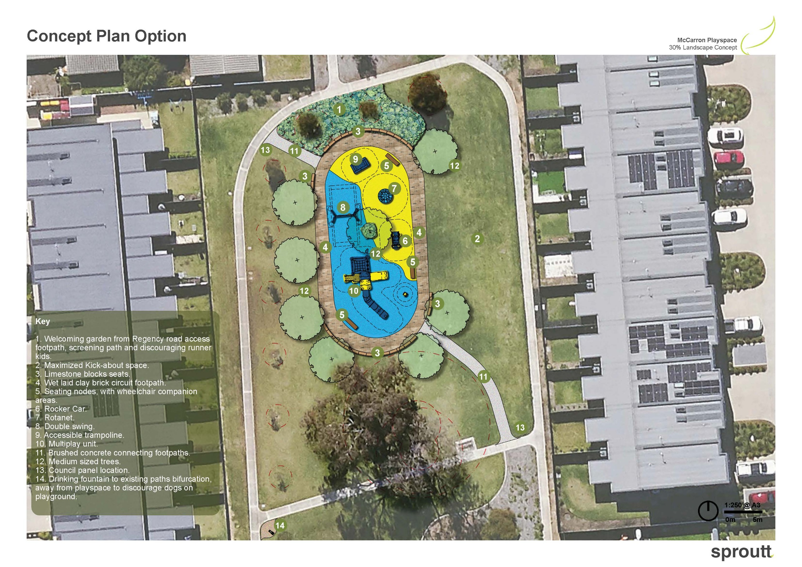 look from above, half blue ad half yellow playground with slide, double swing, seating nodes, accessible trampoline, drinking fountain