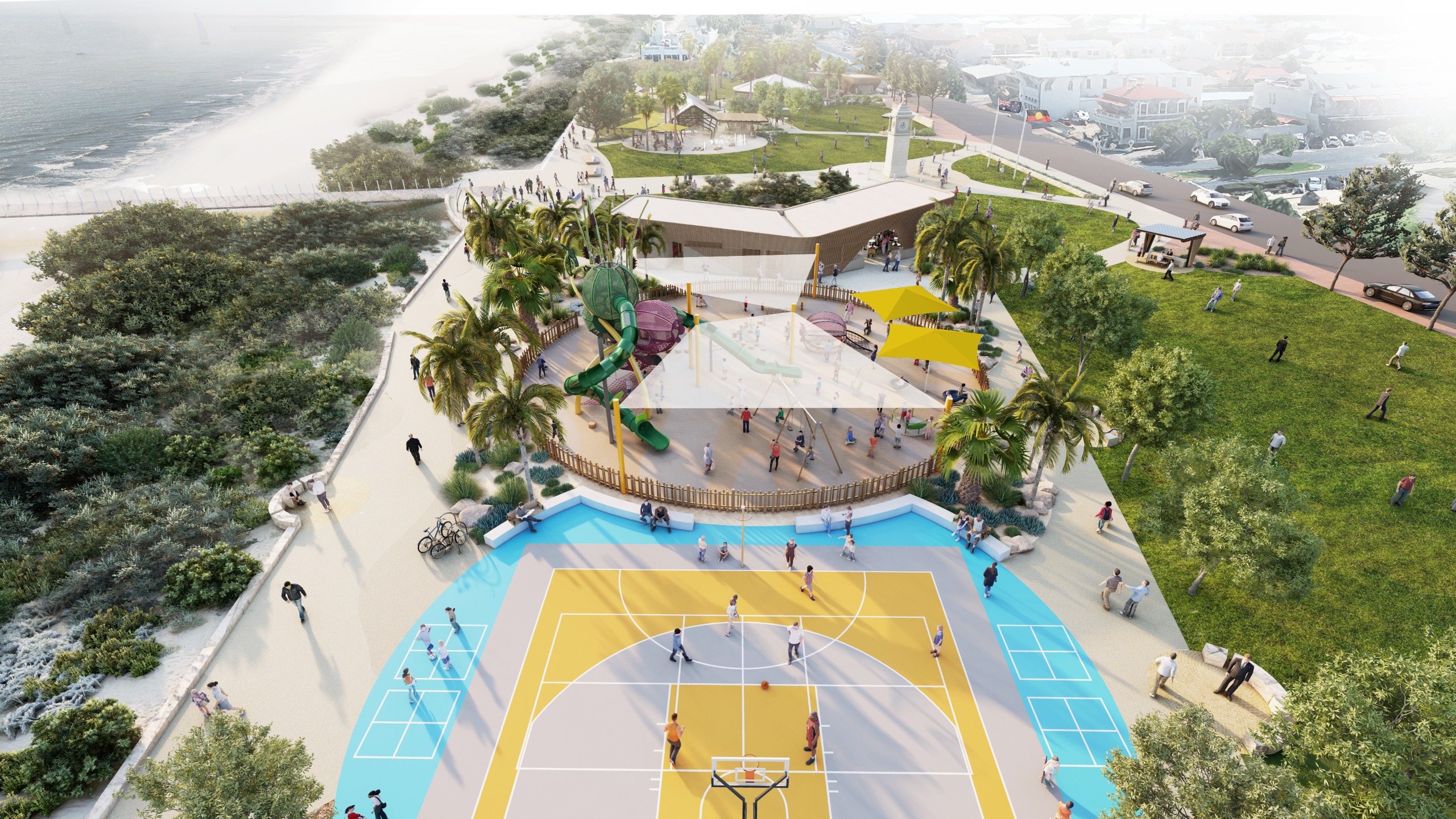 Basketball court adjacent to playground with a variety of play opportunities 