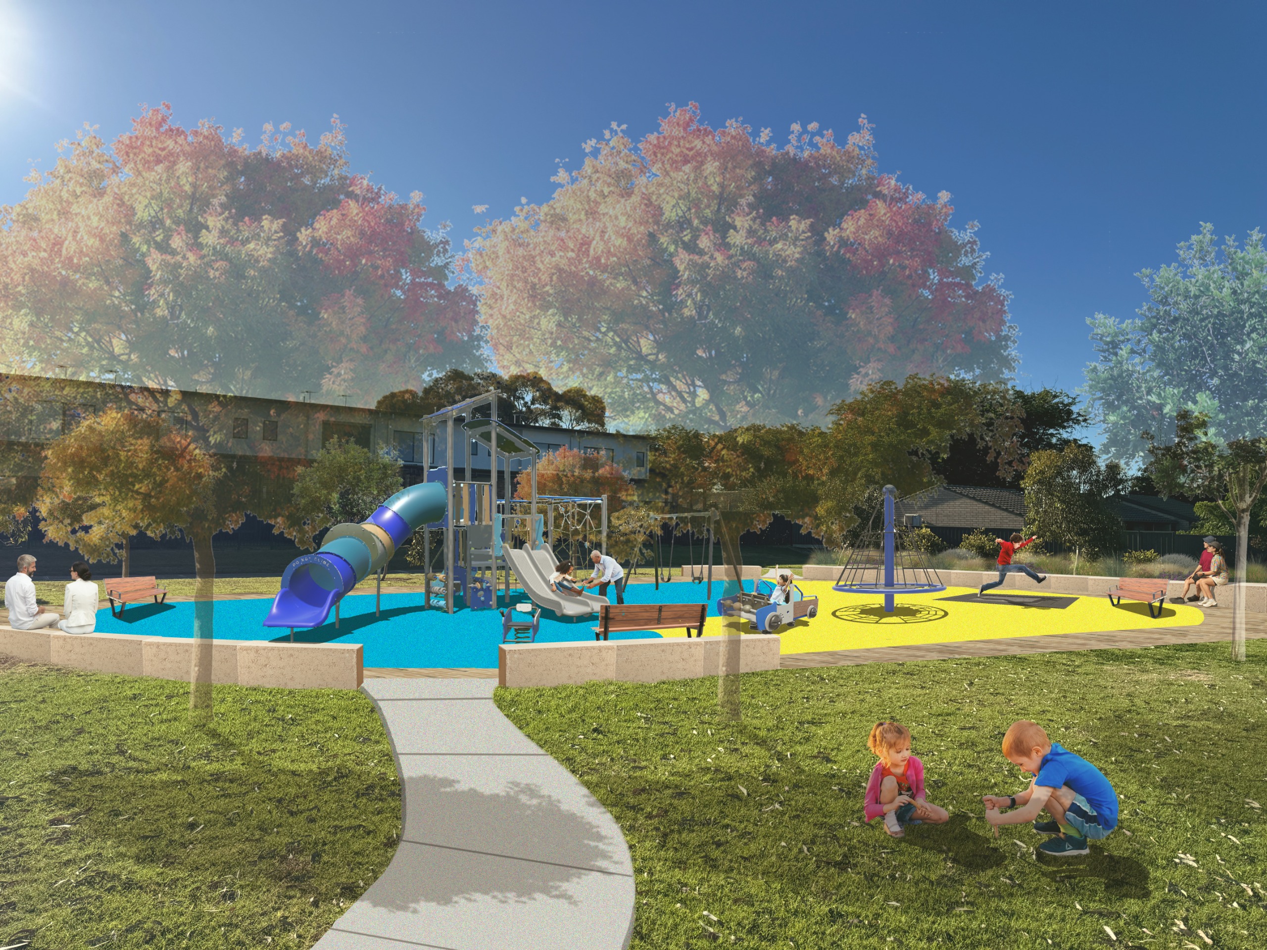 Blue and yellow playground, tube slide, double toddler slide, spinning climbing net, inground trampoline, seats, swings and children playing with grandparents