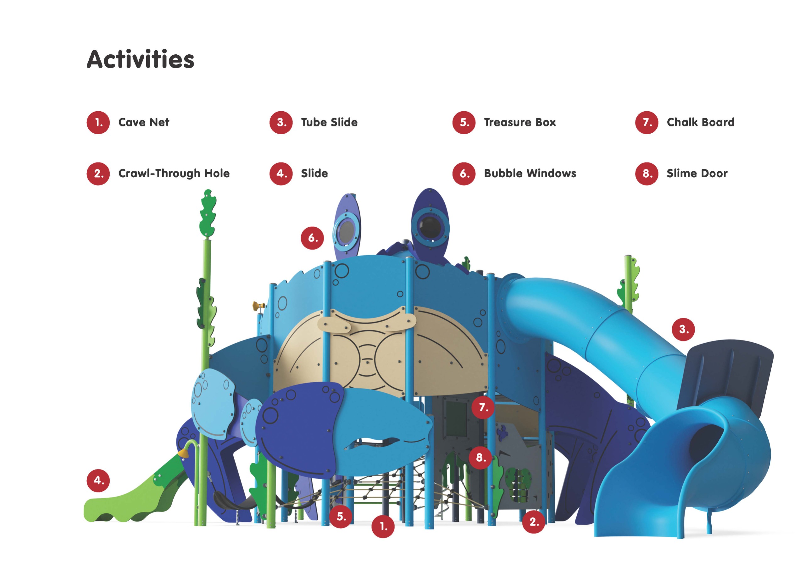 Front side of Big Blue Crab playground with cave net, tube slide, flat slide, treasure box, chalk board, bubble windows, slime door and crawl through hole.